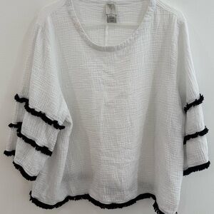 Joie White Gauze Top with Black Fringe Trim
